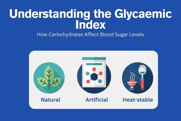 Infographic explaining sugar alternatives like stevia, aspartame and sucralose for blood sugar control and weight management
